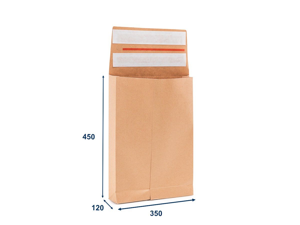 200 ks - Obálka papírová s křížovým dnem a bočními sklady  350x450, 2 lepící pásky