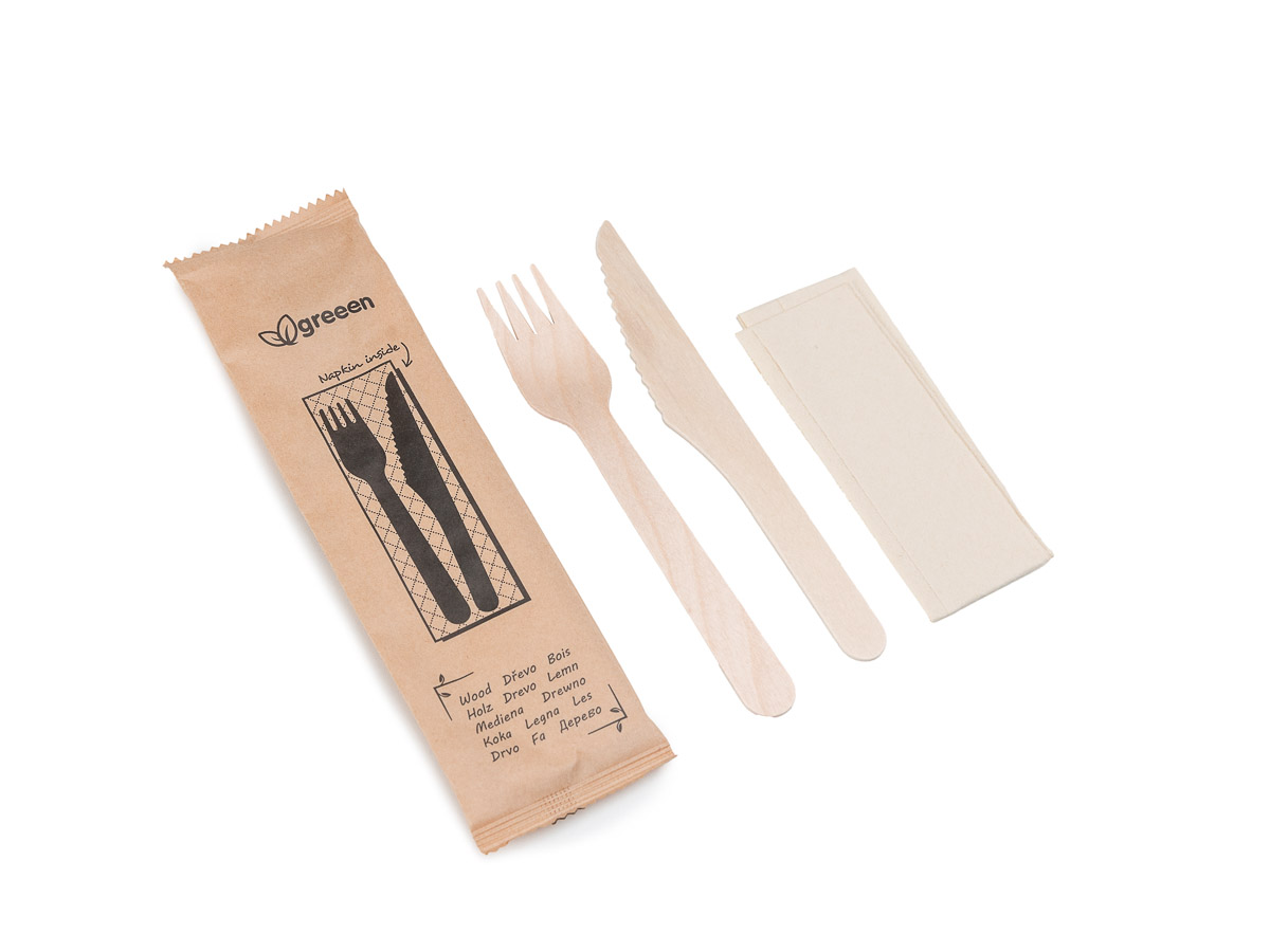 360 ks - Příborová sada dřevěná - nůž, vidlička, ubrousek