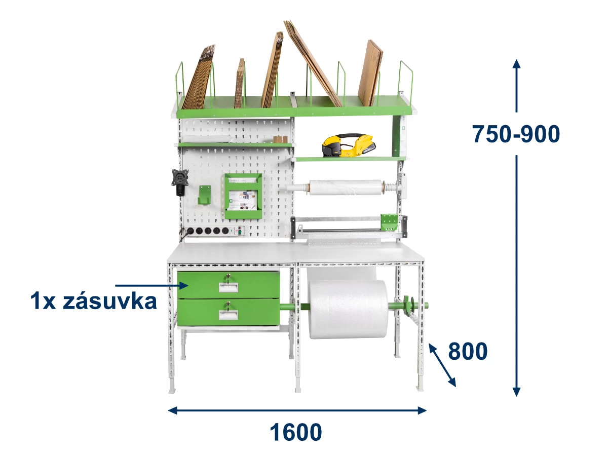 Balicí pracoviště Servisbal 1600x800x750-950 mm, 1x zásuvka - 001