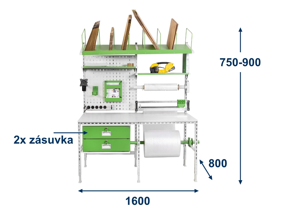 Balicí pracoviště Servisbal 1600x800x750-950 mm, 2x zásuvka - 001
