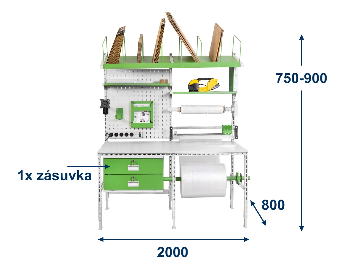 Balicí pracoviště Servisbal 2000x800x750-950 mm, 1x zásuvka - 001