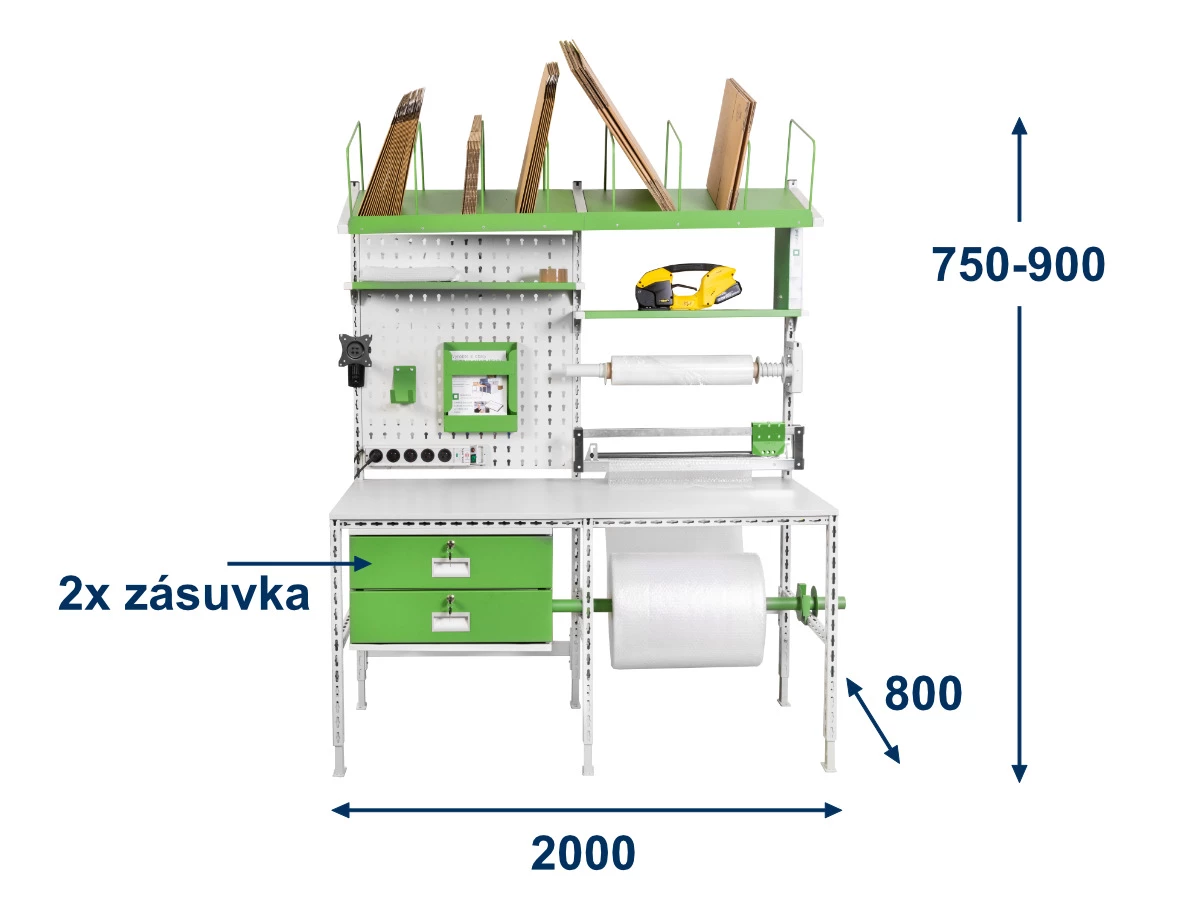 Balicí pracoviště Servisbal 2000x800x750-950 mm, 2x zásuvka - 001