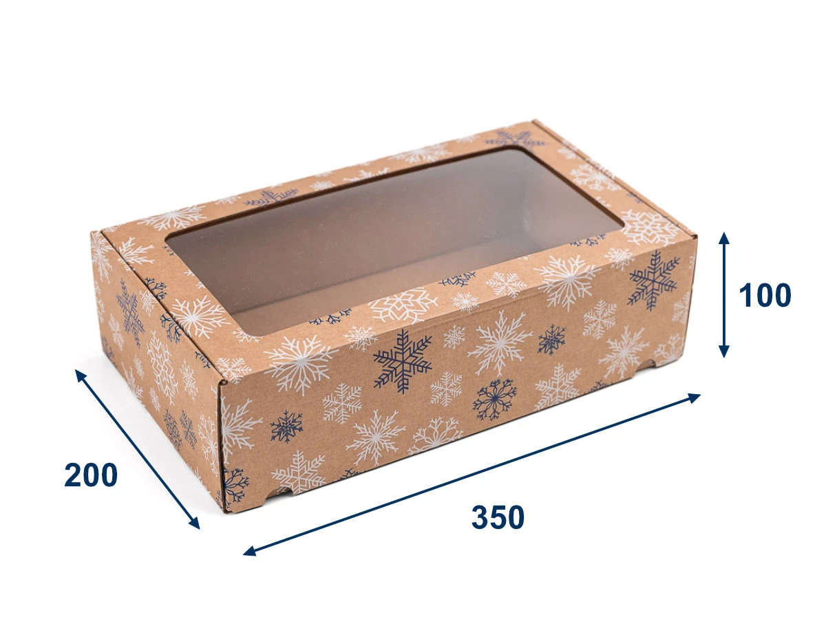 Dárková krabice s průhledným víkem 350x200x100, potisk vloček - 001
