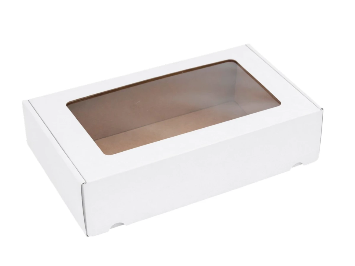 Dárková krabice s průhledným víkem bílá 350x200x100 - 001