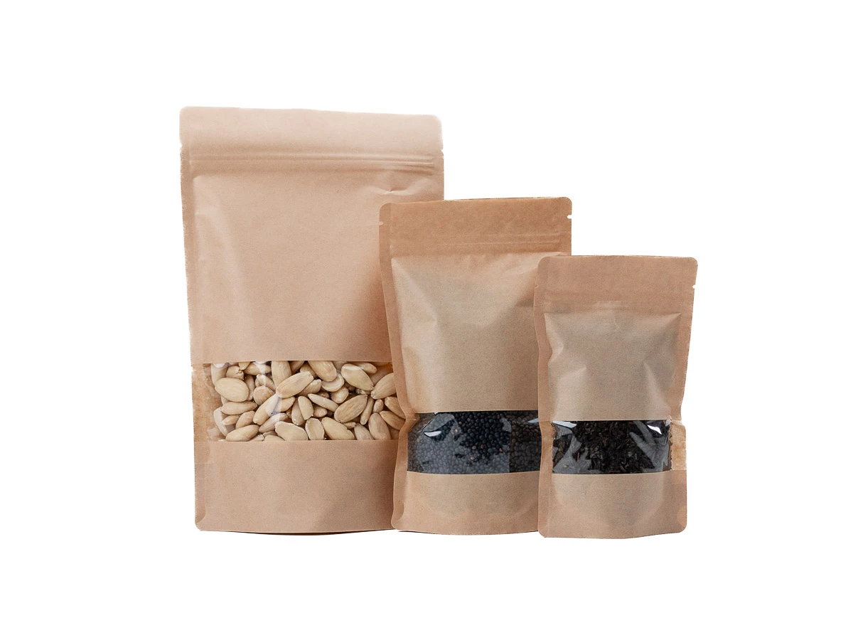 Doypack sáček s malým okénkem 110 x 185 + 65 mm, 250 ml, KRAFT/PET/CPP - 005