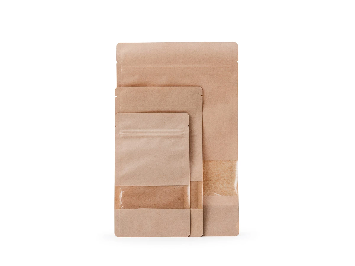 Doypack sáček s malým okénkem 130 x 225 + 70 mm, 500 ml, KRAFT/PET/CPP - 006