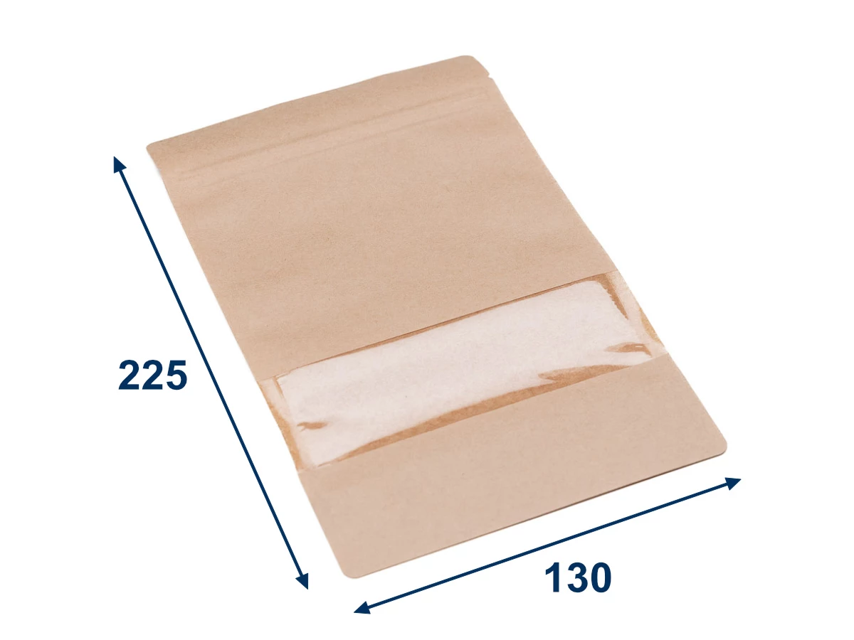 Doypack sáček s malým okénkem 130 x 225 + 70 mm, 500 ml, KRAFT/PET/CPP - 001