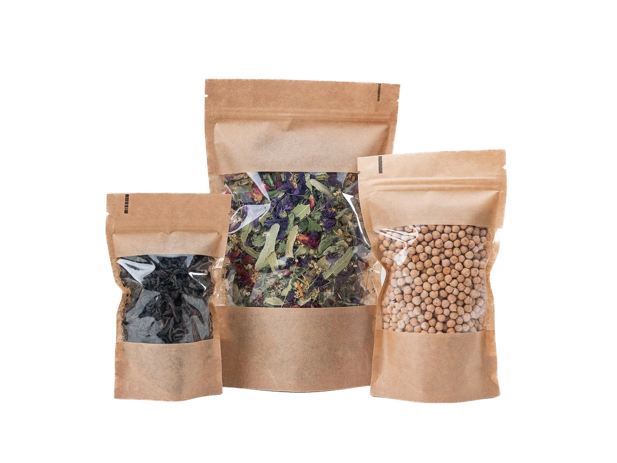 Doypack sáček s velkým okénkem premium 180 x 290 + 90 mm, 1000 ml, KRAFT/PET/PE - 004