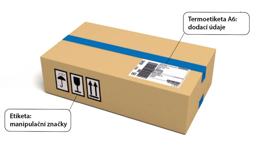 krabice se štítkem a manipulačními značkami